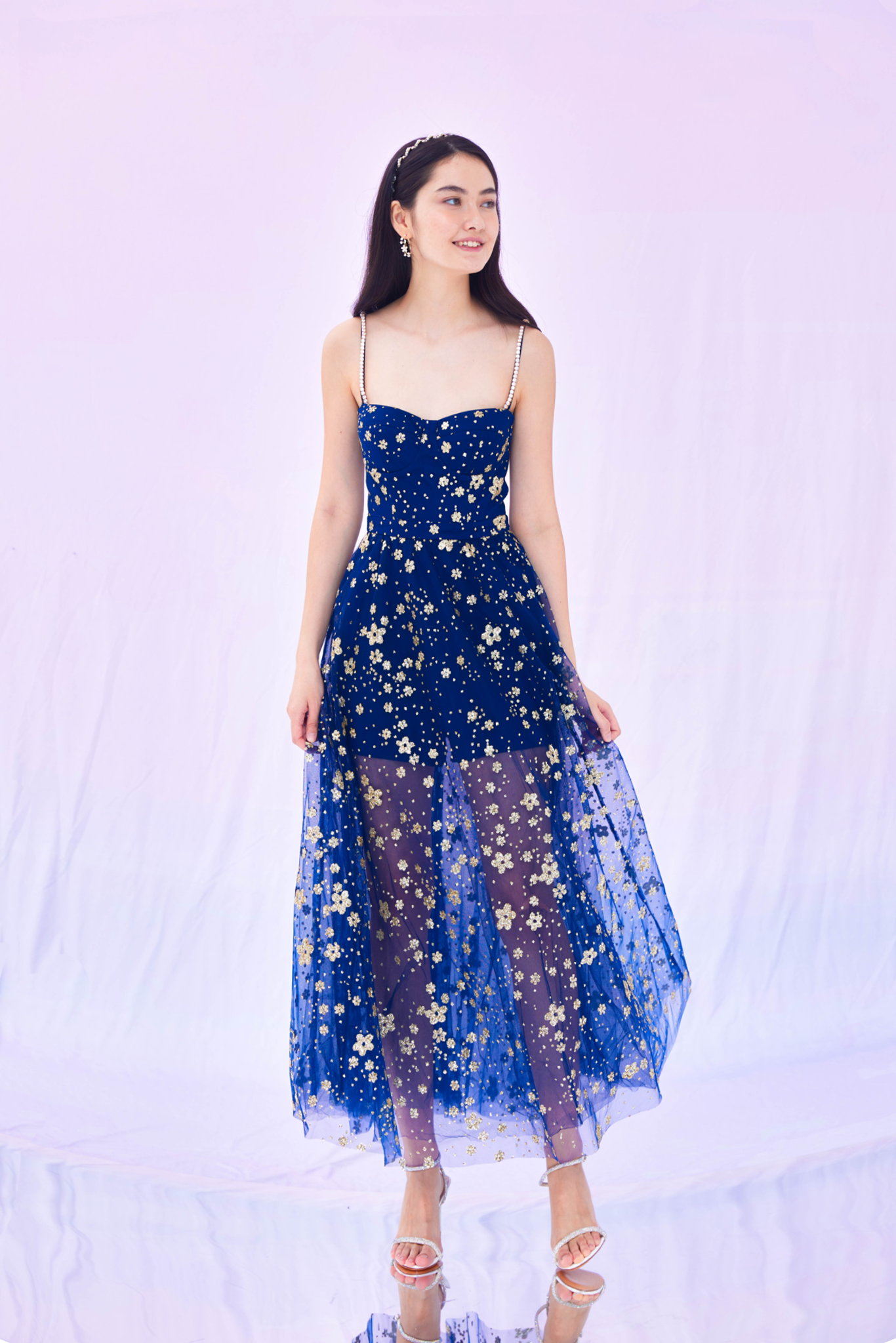 Fronia Navy Gold Flower Long Dress