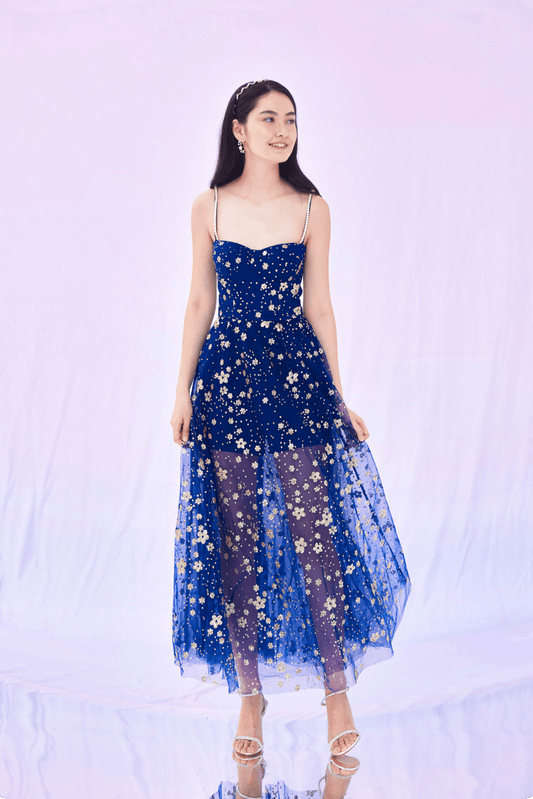 Fronia Navy Gold Flower Long Dress - Nimisski