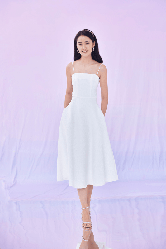 Graciella White Puff Jacquard Long Dress - Nimisski