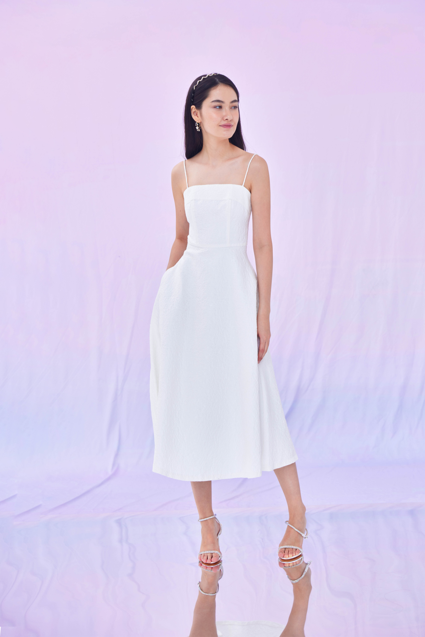 Graciella White Puff Jacquard Long Dress