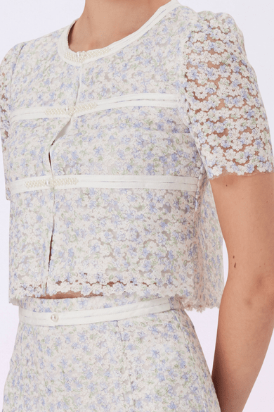 Giliana Light Blue Floral Lace Pearl Knot Top - Nimisski