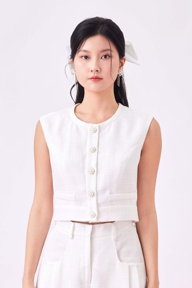 Gavryla White Sleeveless Tweed Top