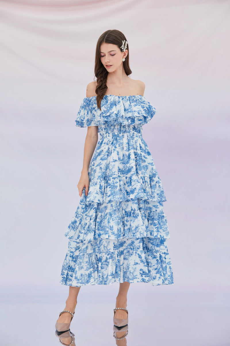 Francisca Off Shoulder Tier Printed Dress