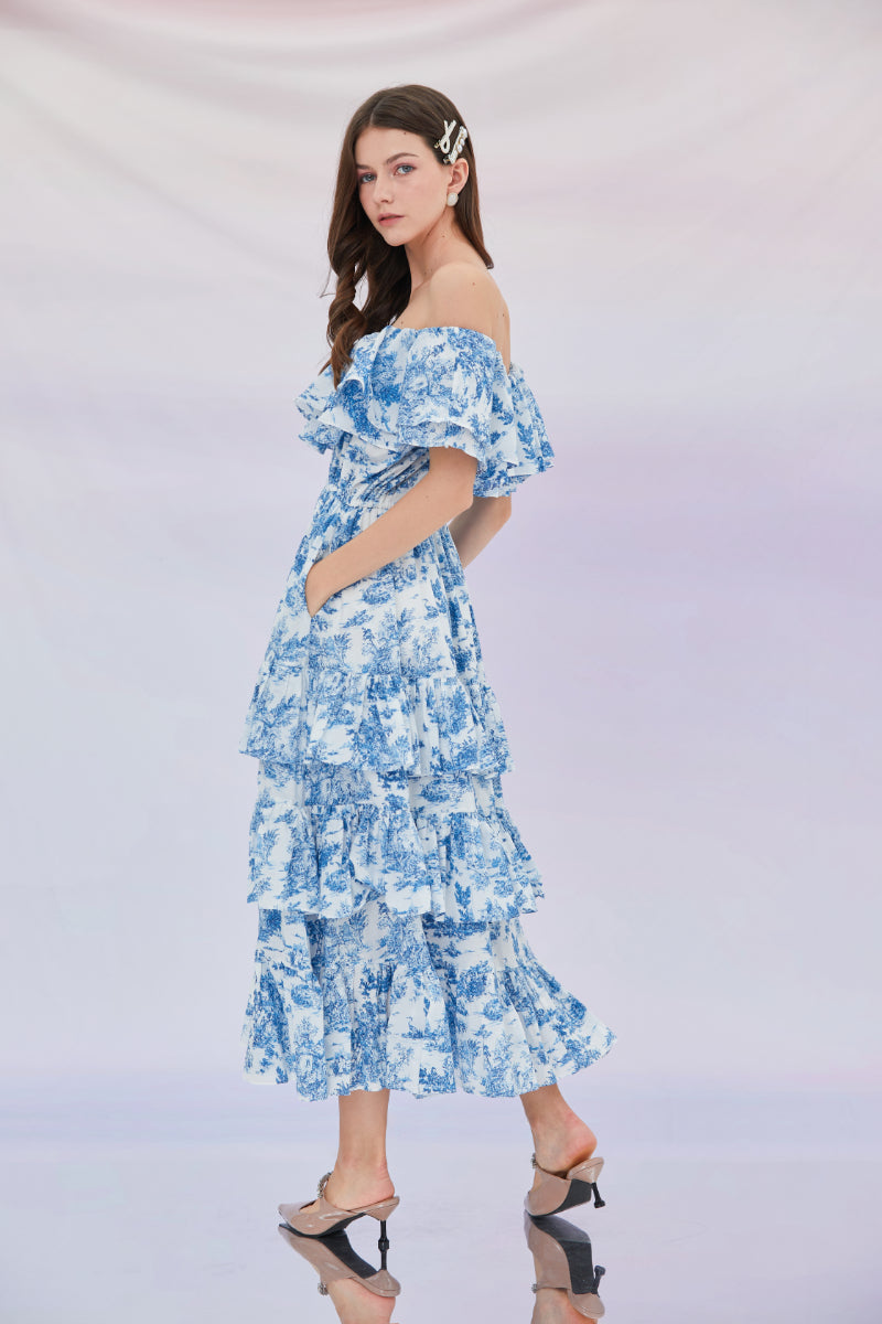 Francisca Off Shoulder Tier Printed Dress