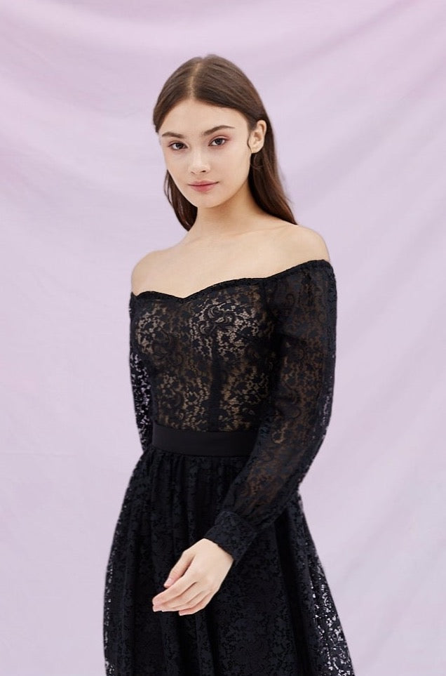 Ginia Black Lace Drop Shoulder Top
