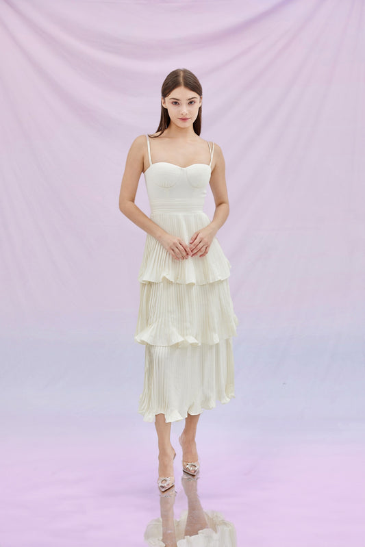 Fay Beige Pleated Tier Dress