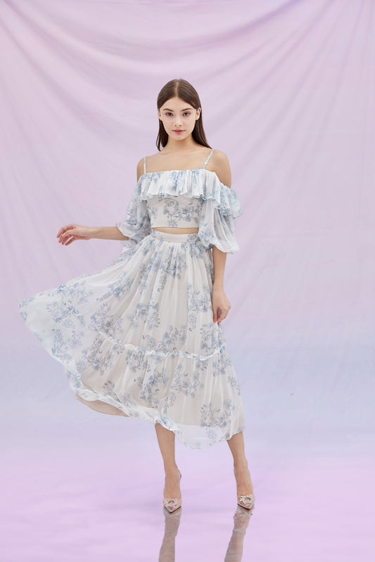 Gwenetta Blue Flower Long Skirt