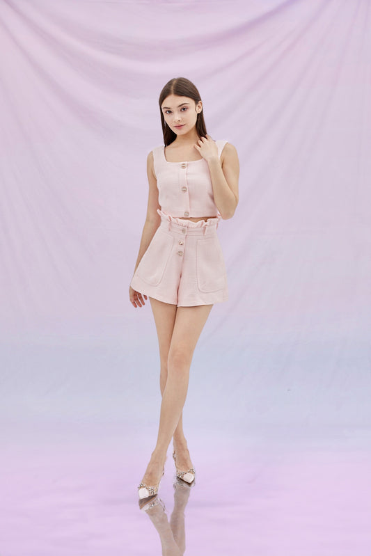 Julie Pink Tweed Shorts With 3 Button