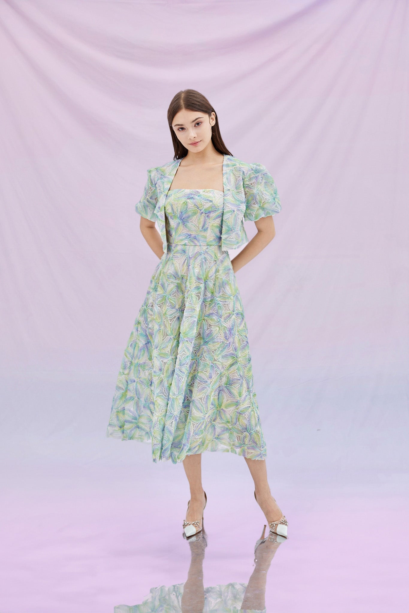 Gayel Green Purple Pastel 3D Flower Jacket