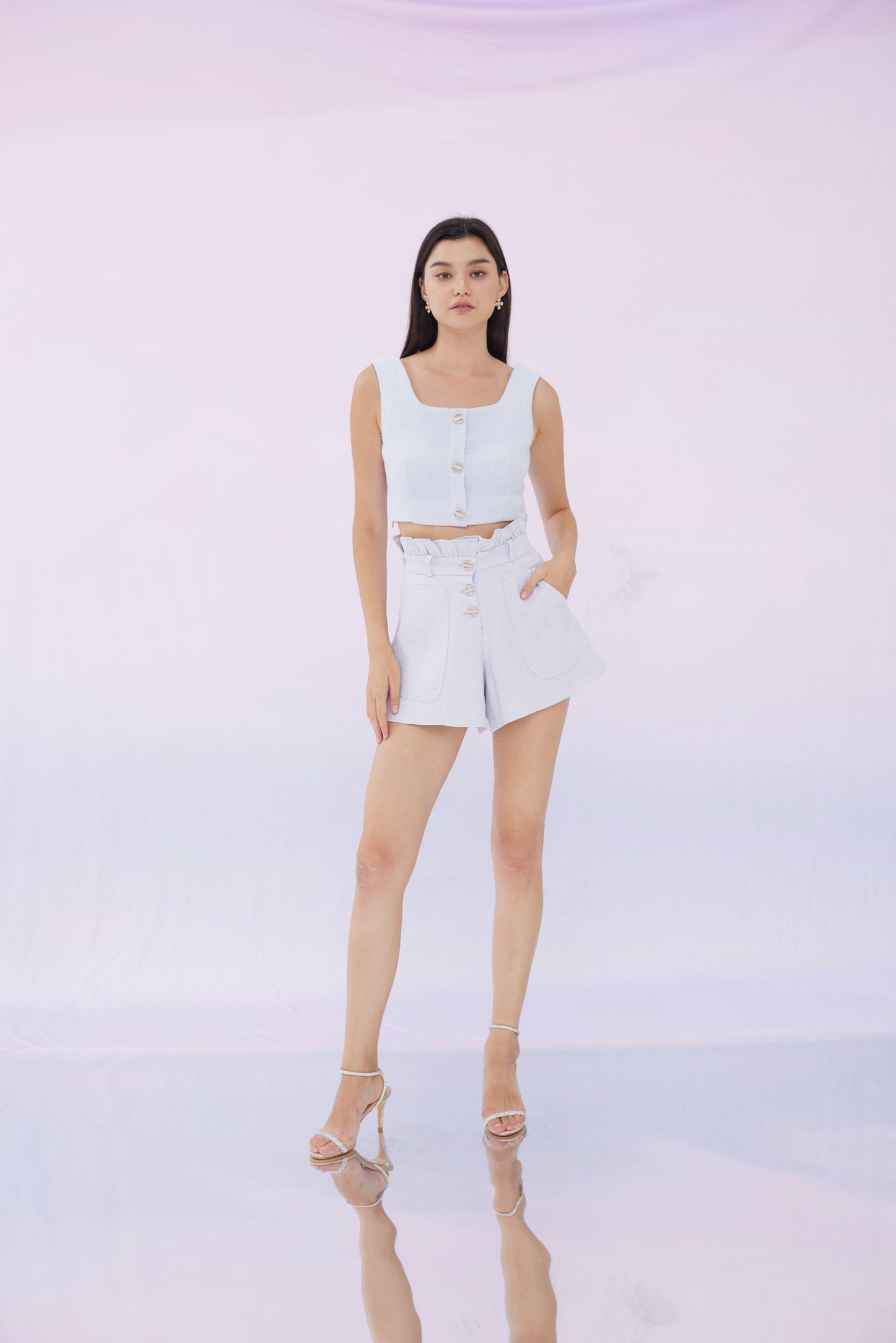 Julie Lilac Tweed Shorts With 3 Button