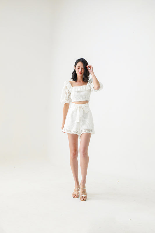 Edna White Floral Net Shorts