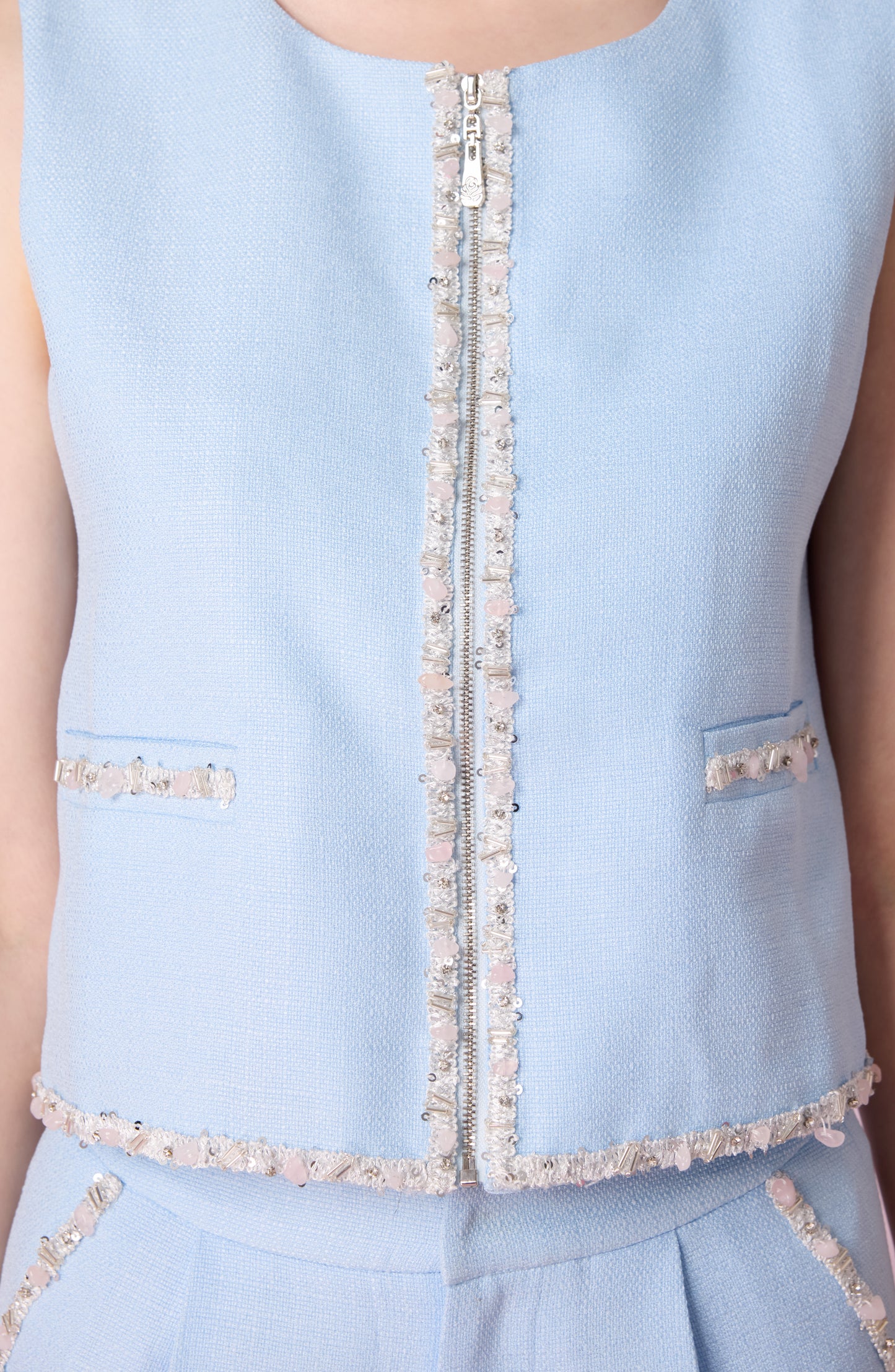Jewelyn Blue Tweed Front Zipper Vest