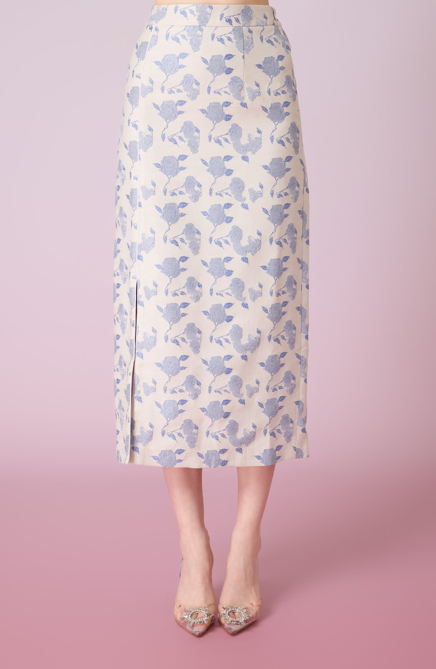 Jewel White With Rose Print Midi Skirt