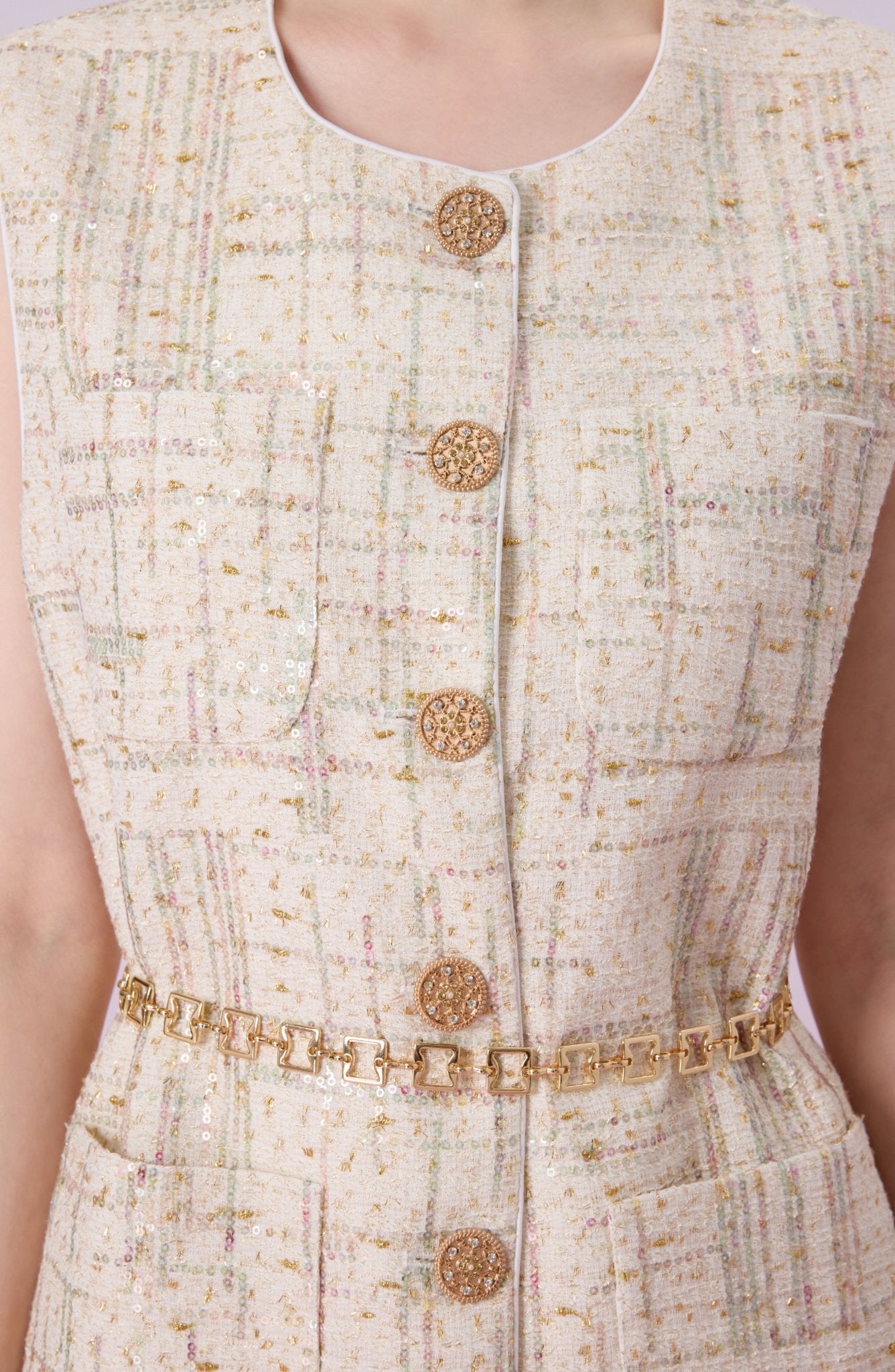 Jacklynne Beige Sequins Tweed Vest Top - Nimisski