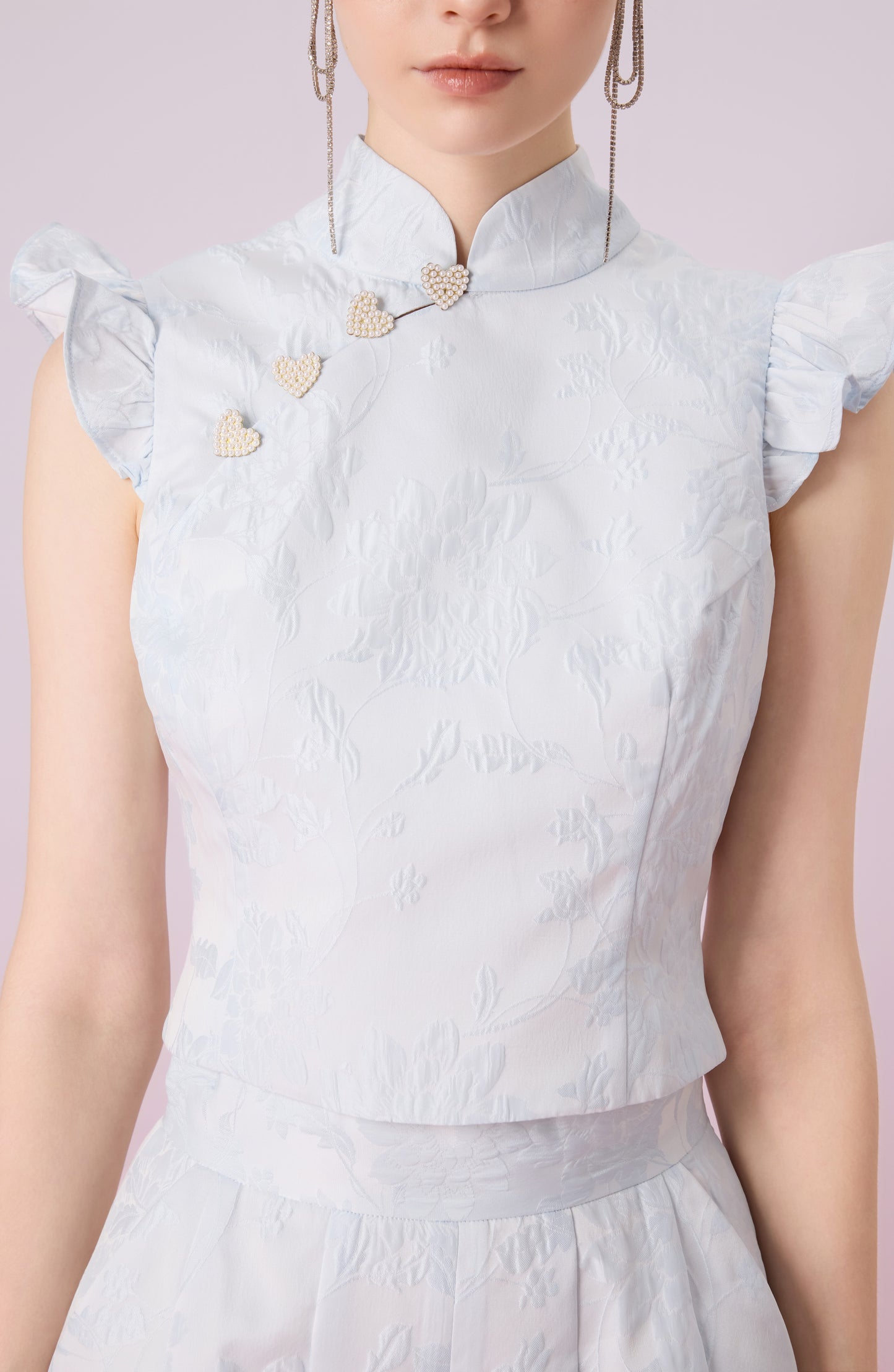 Gwenith Blue Jacquard Mandarin Collar Top