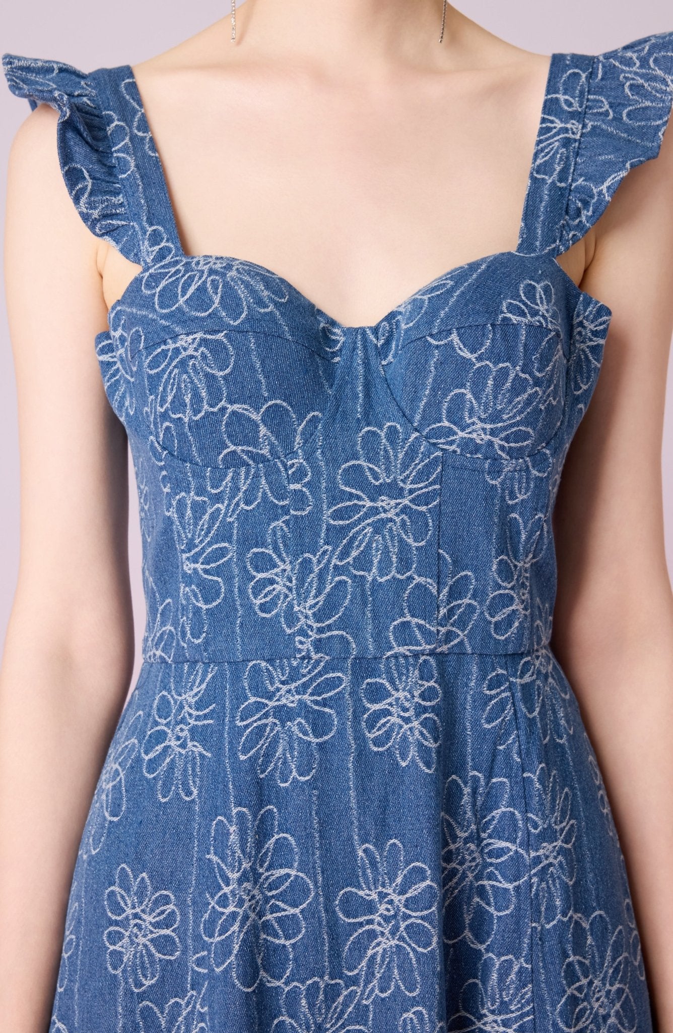 Jacque Blue Denim With Floral Embroidery Dress - Nimisski