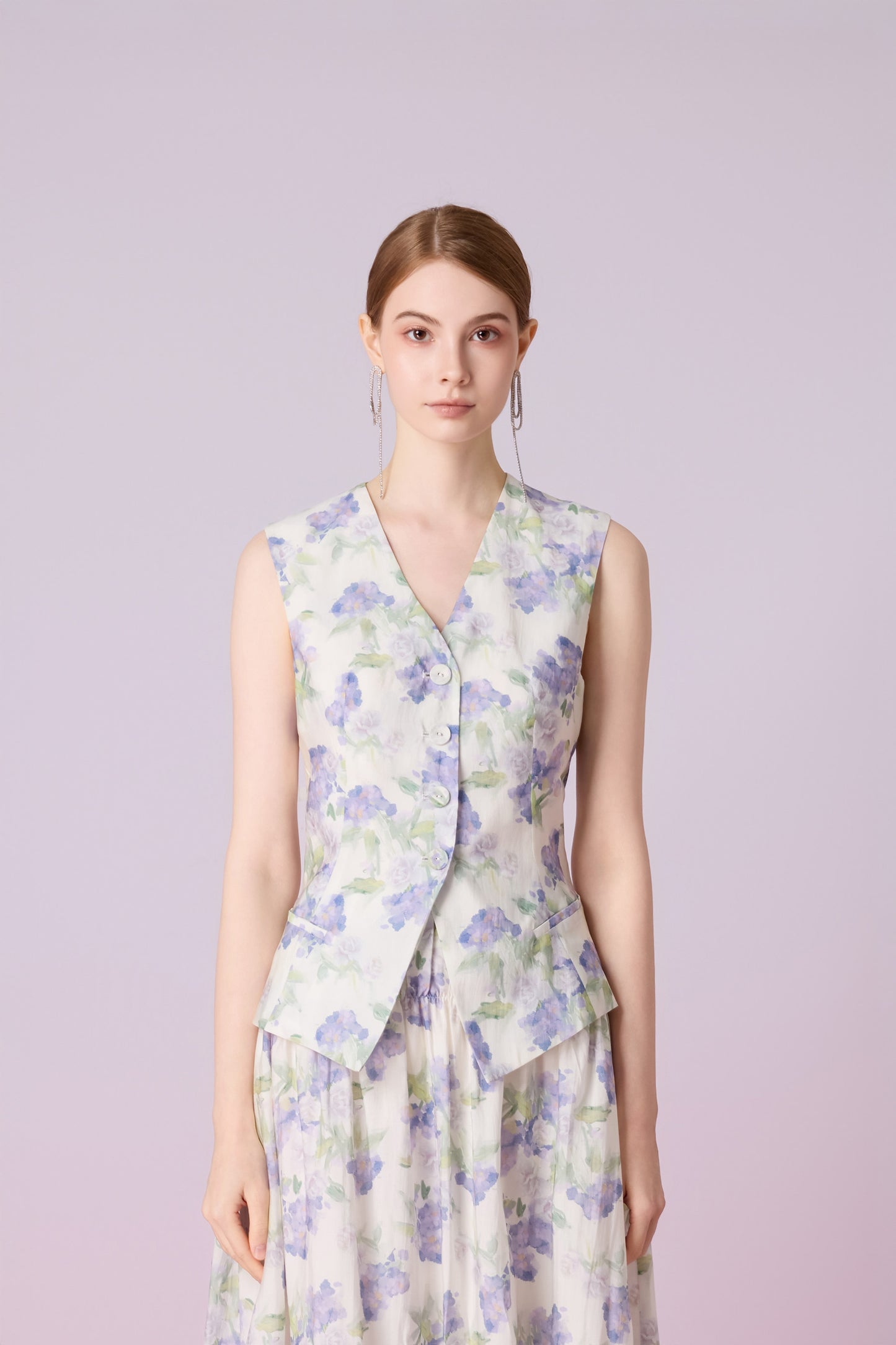 Jaculine White With Purple Flower Print Vest