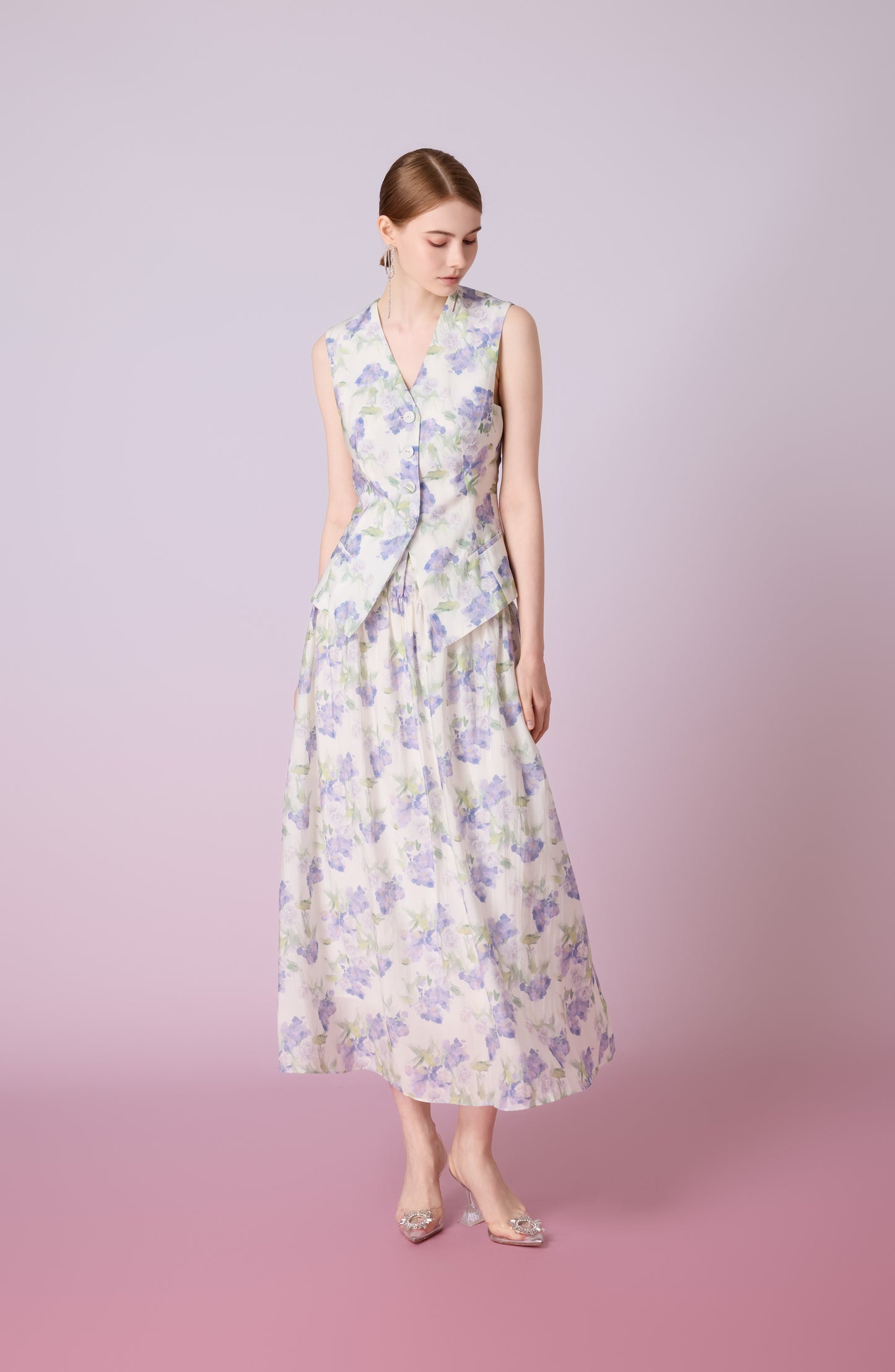 Jaculine White With Purple Flower Print Skirt