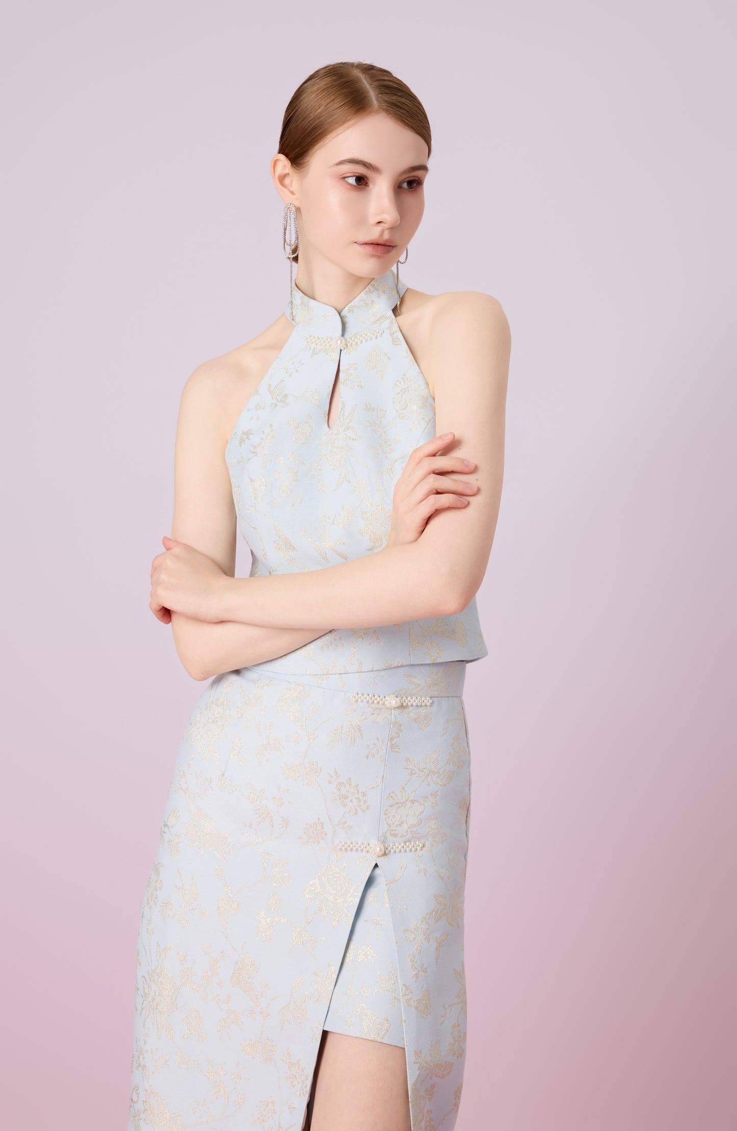 Gilana Light Blue Jacquard Halter Top