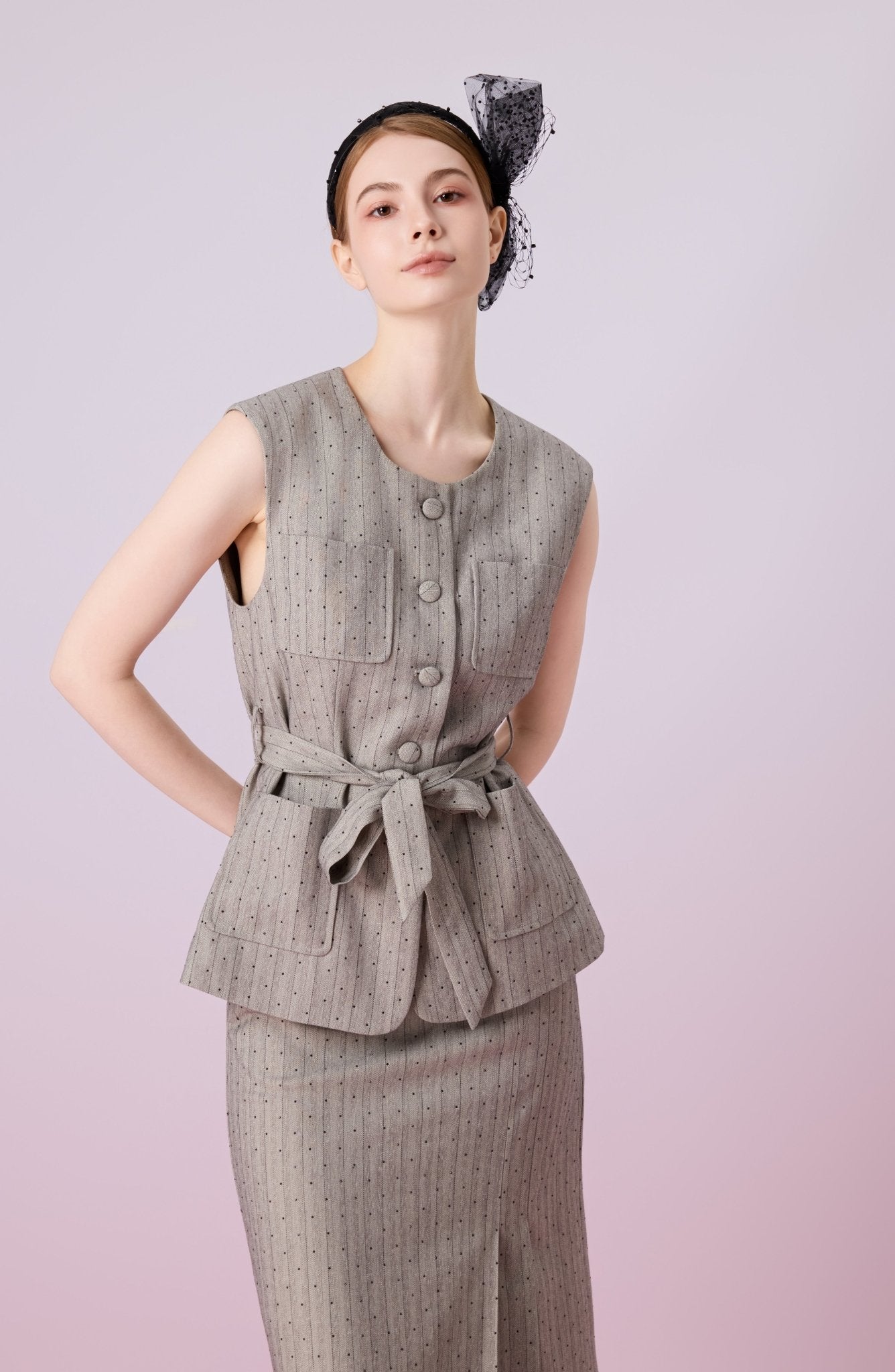 Jeanne Grey Front Tied Vest Jacket - Nimisski