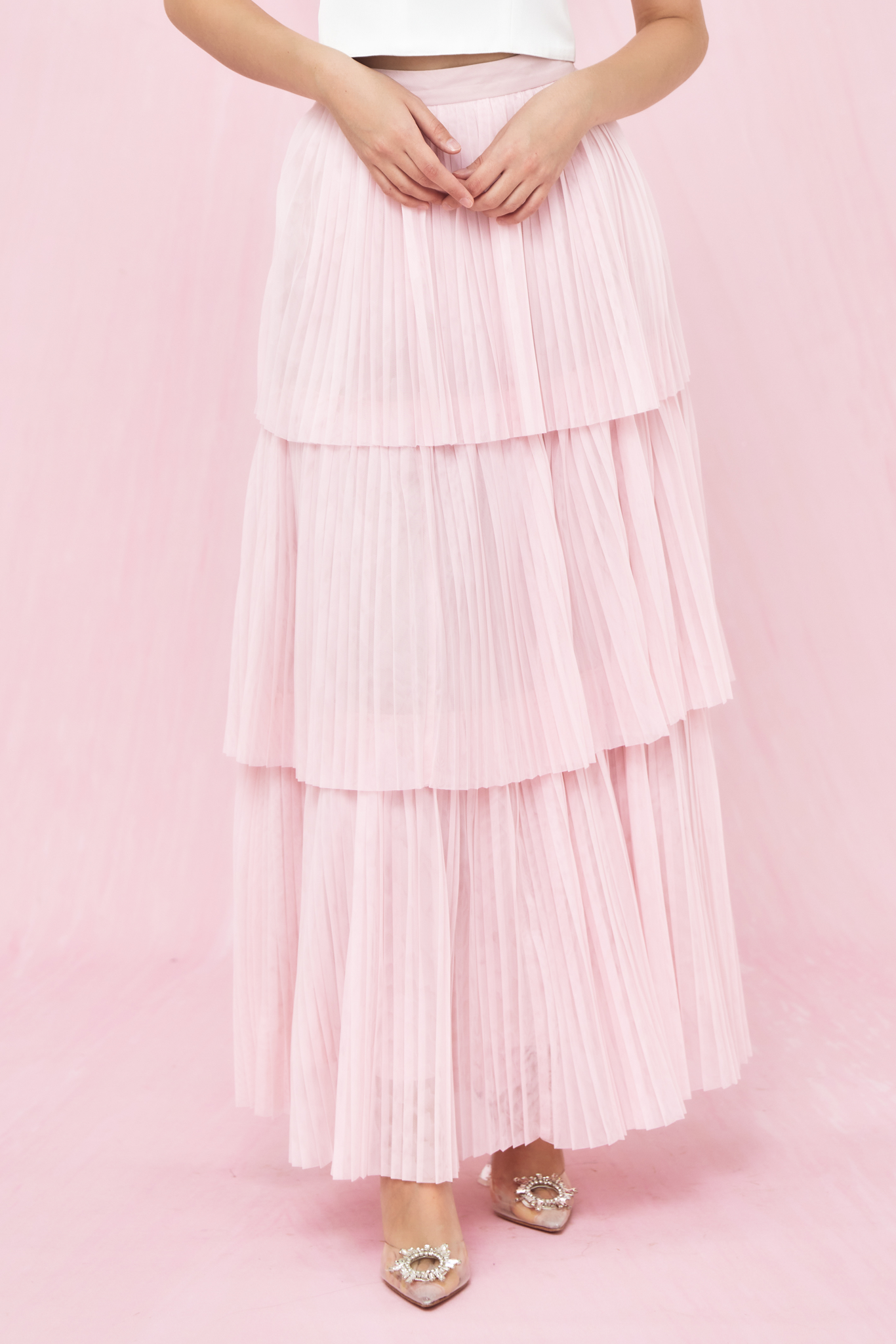Geniffer Light Pink Tiered Tulle Long Skirt