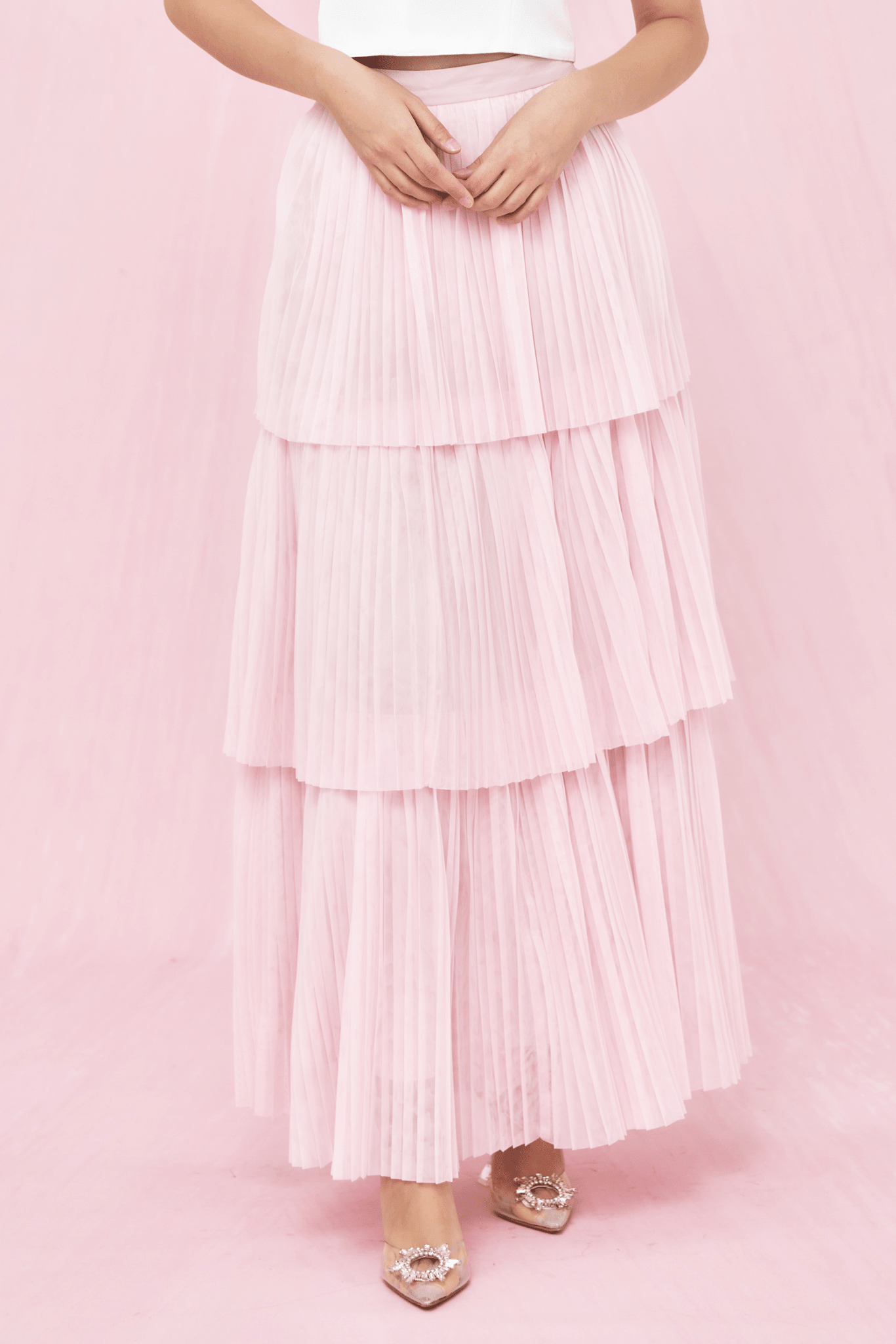 Geniffer Light Pink Tiered Tulle Long Skirt - Nimisski