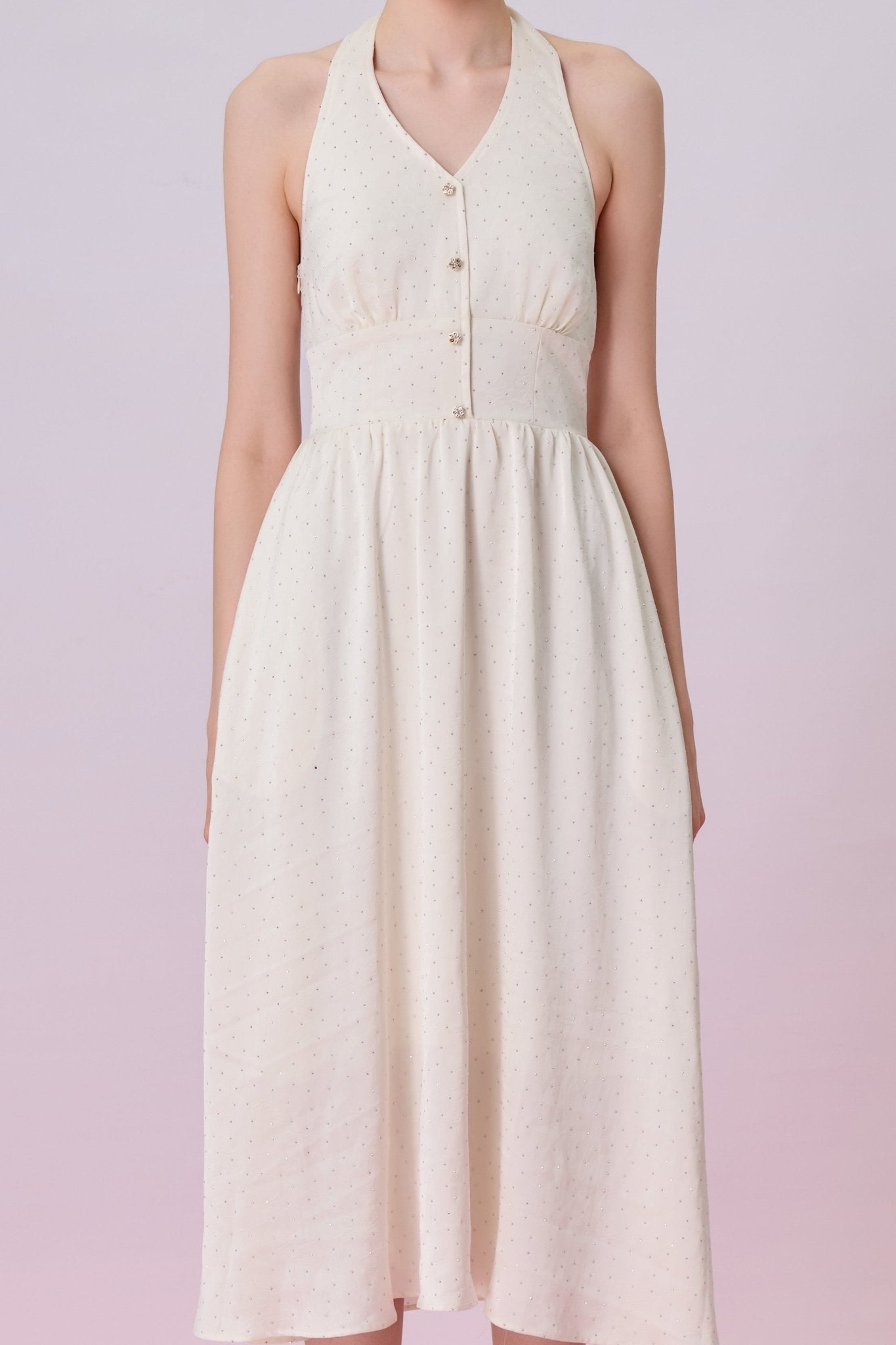 Genivieve Cream Twinkle Button Halter Dress - Nimisski