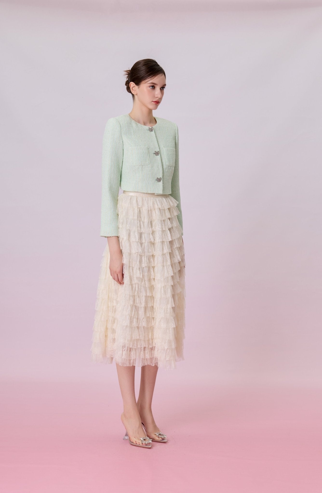 Kamilla Cream Tiered Ruffle Lace Maxi Skirt - Nimisski