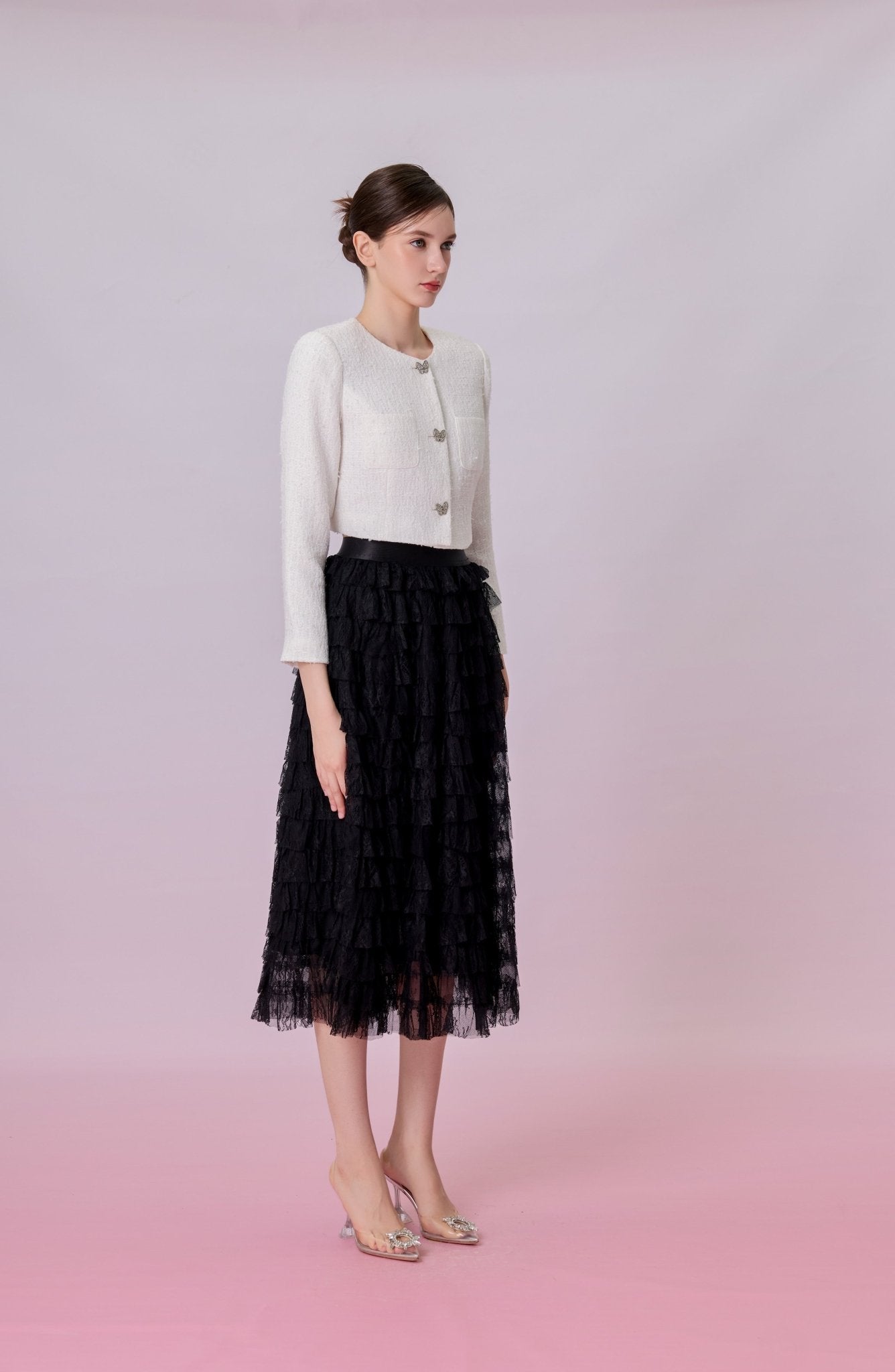 Kamilla Black Tiered Ruffle Lace Maxi Skirt - Nimisski