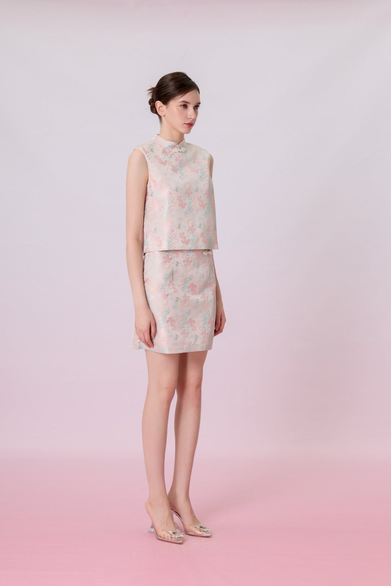 Keyla Floral Print In Blush Pink Jacquard Top - Nimisski