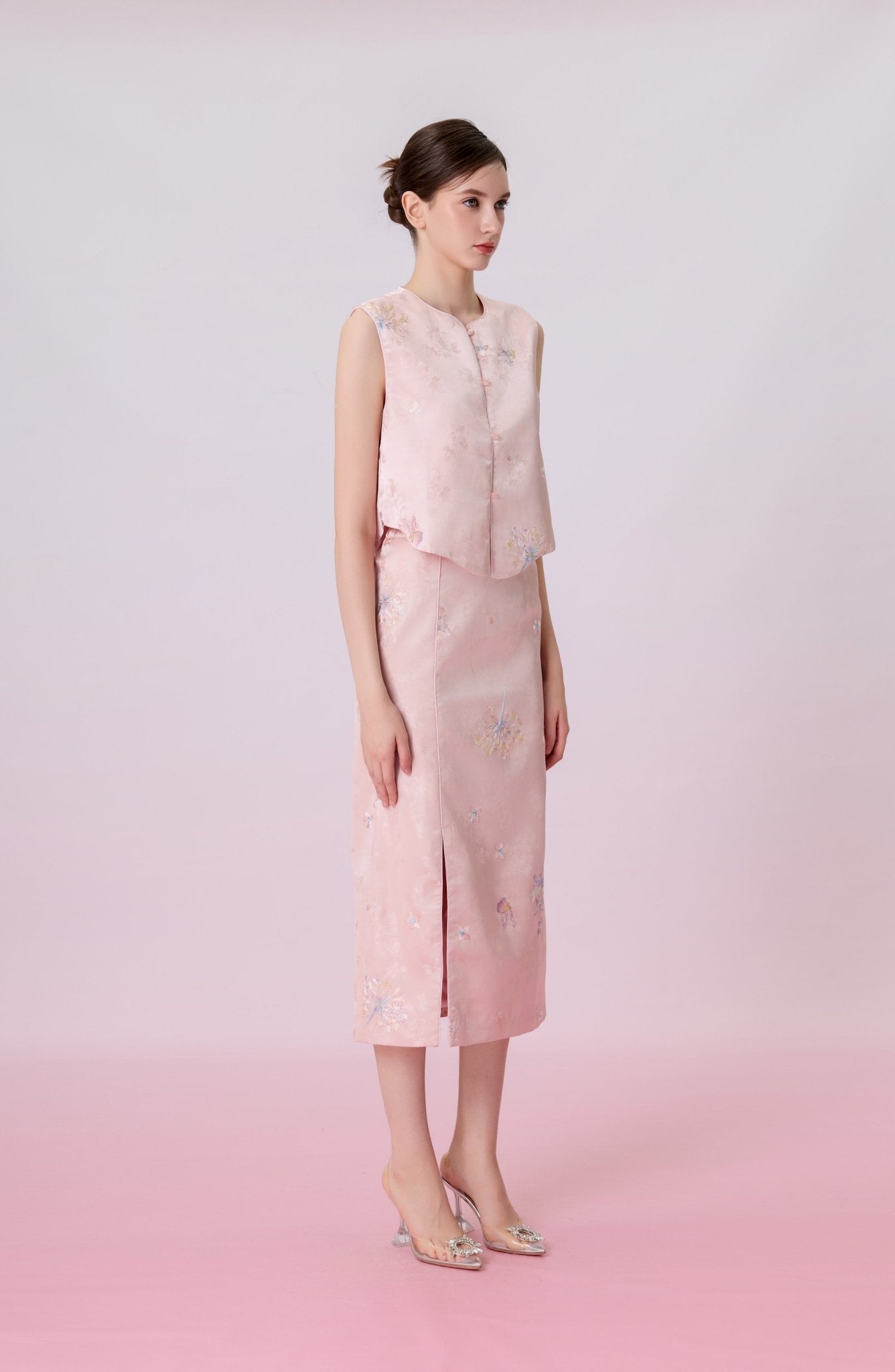 Jewel Blush Pink With Embroidery Midi Skirt - Nimisski