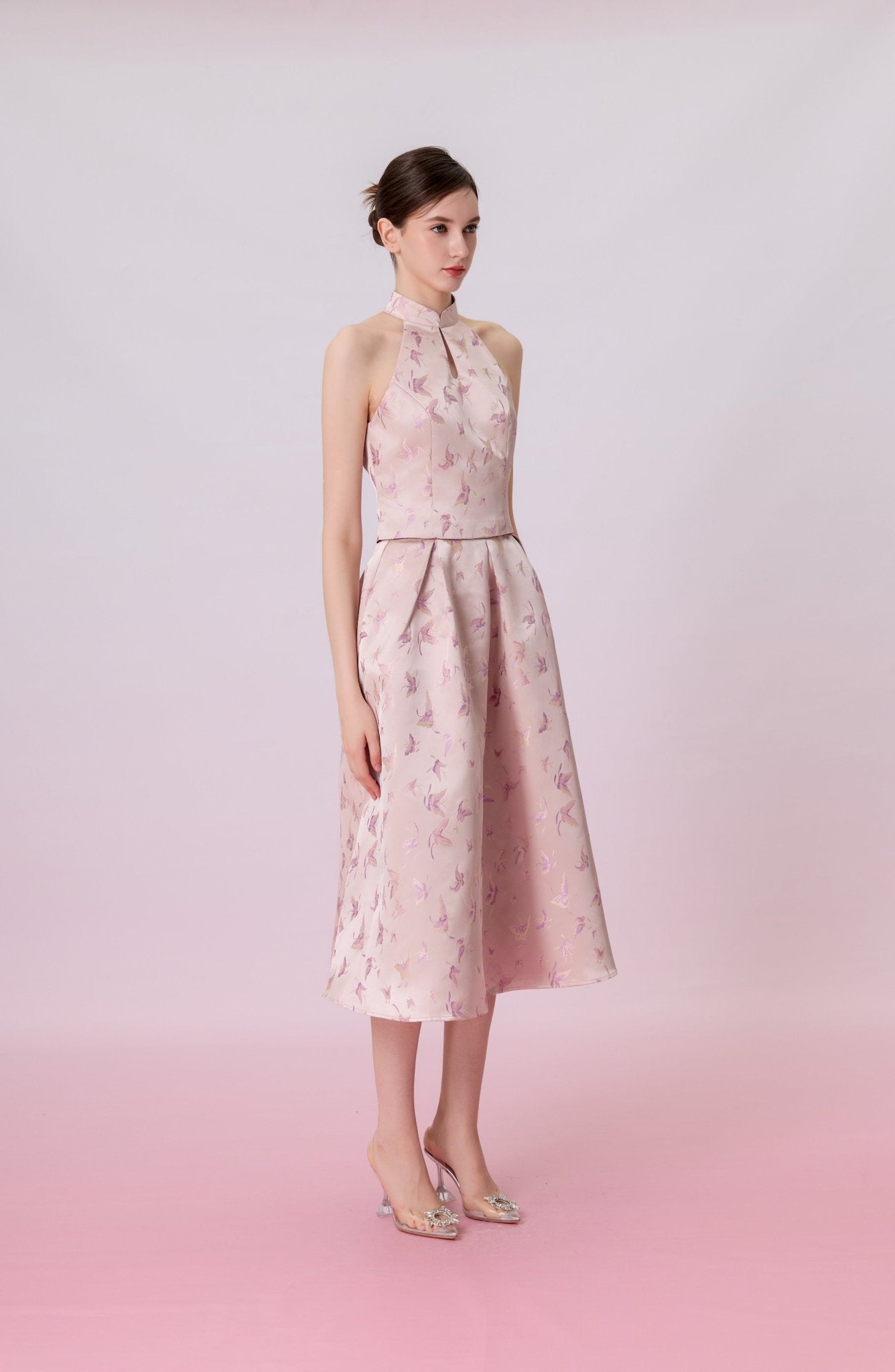 Gizella Dusty Pink Jacquard With Woven Butterfly Halter Top - Nimisski