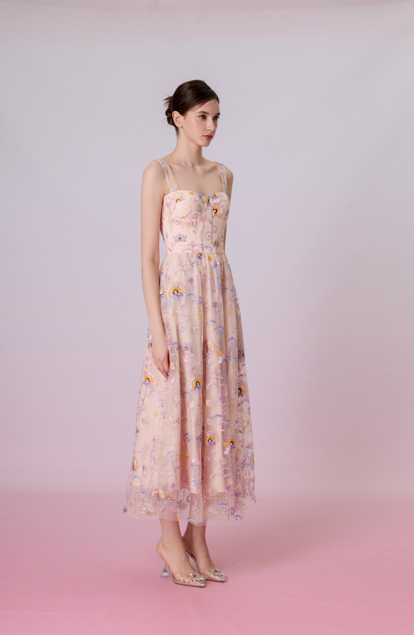 Fiorella Pink Floral Embroidered Tulle Maxi Dress - Nimisski