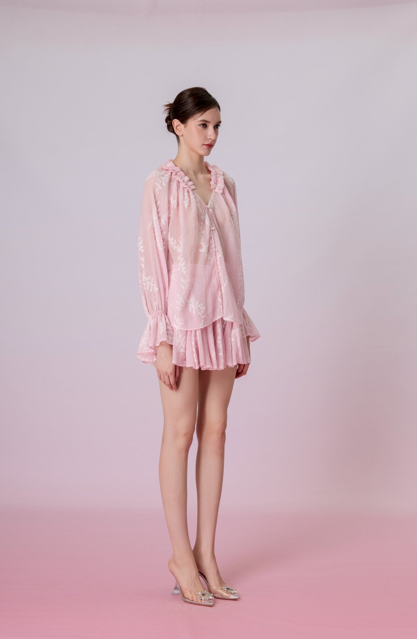 Kinzley Blush Pink Sheer Floral Embroidered Ruffle Top - Nimisski