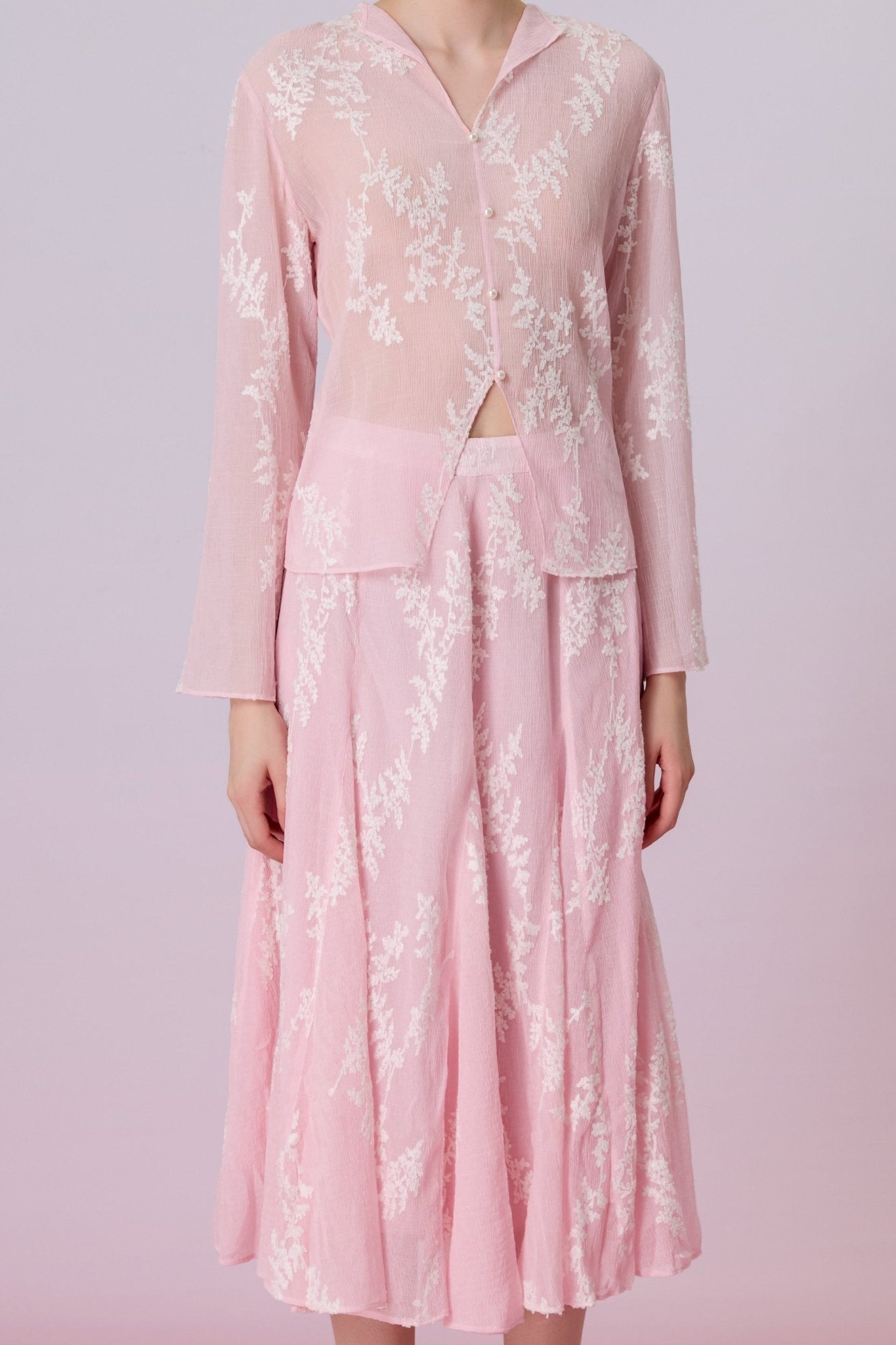 Karsyn Blush Pink Sheer Floral Embroidered Open-Front Top - Nimisski