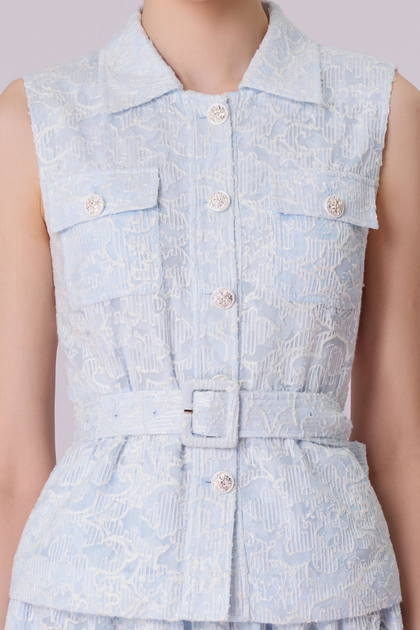 Kara Light Blue Floral Embroidery Sleeveless Top - Nimisski