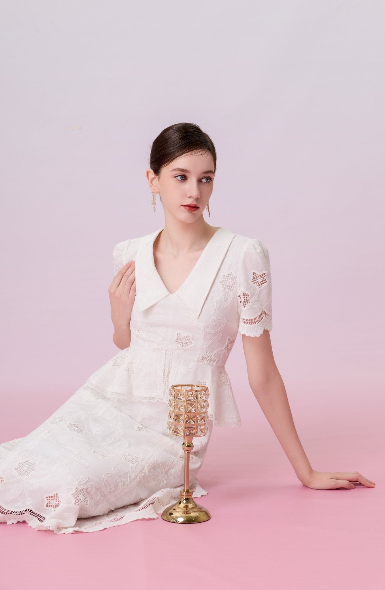 Kalia White Embroidered Lace Peplum Midi Dress - Nimisski