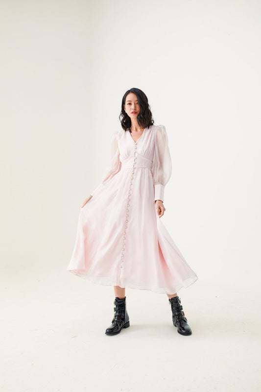 Evangelina Light Pink Long Silk Dress - Nimisski