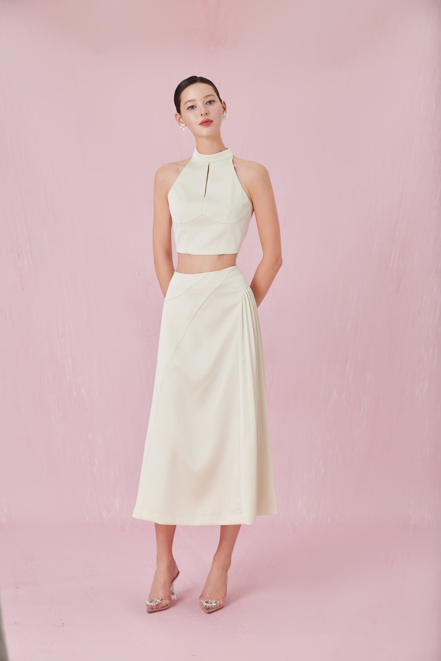 Cendrine Light Green Satin Pleated Skirt