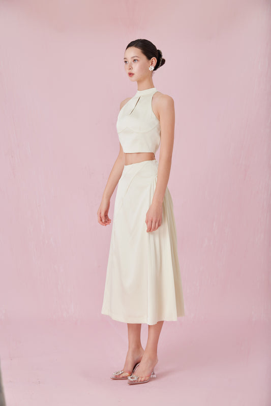 Cendrine Light Green Satin Pleated Skirt