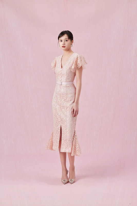 Arletta Pink V Neck Lace Dress