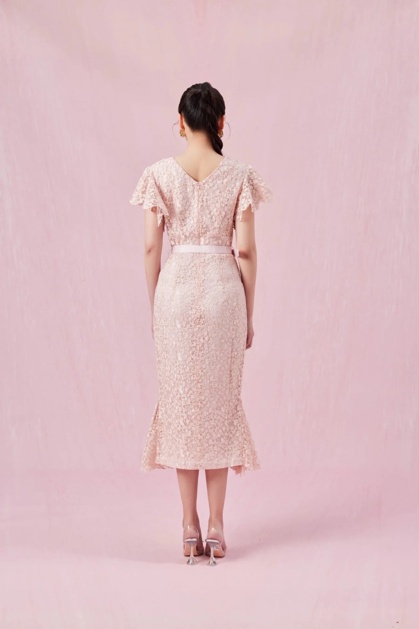 Arletta Pink V Neck Lace Dress - Nimisski