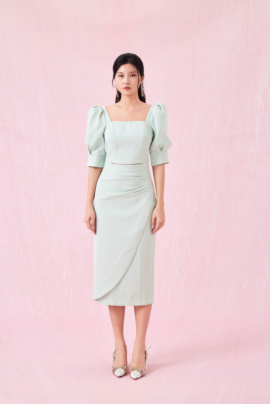 Gilian Light Green Midi Skirt With Slit - Nimisski