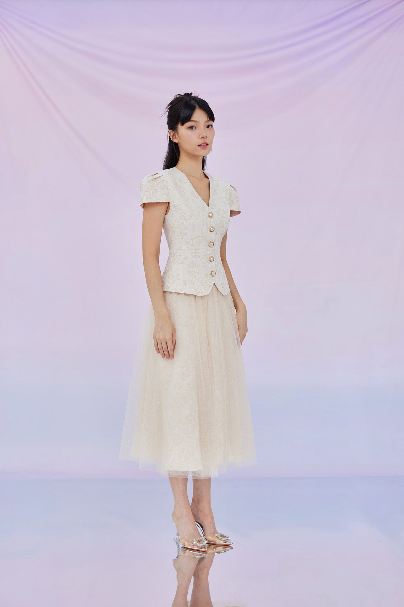 Genna Beige Mesh Midi Skirt
