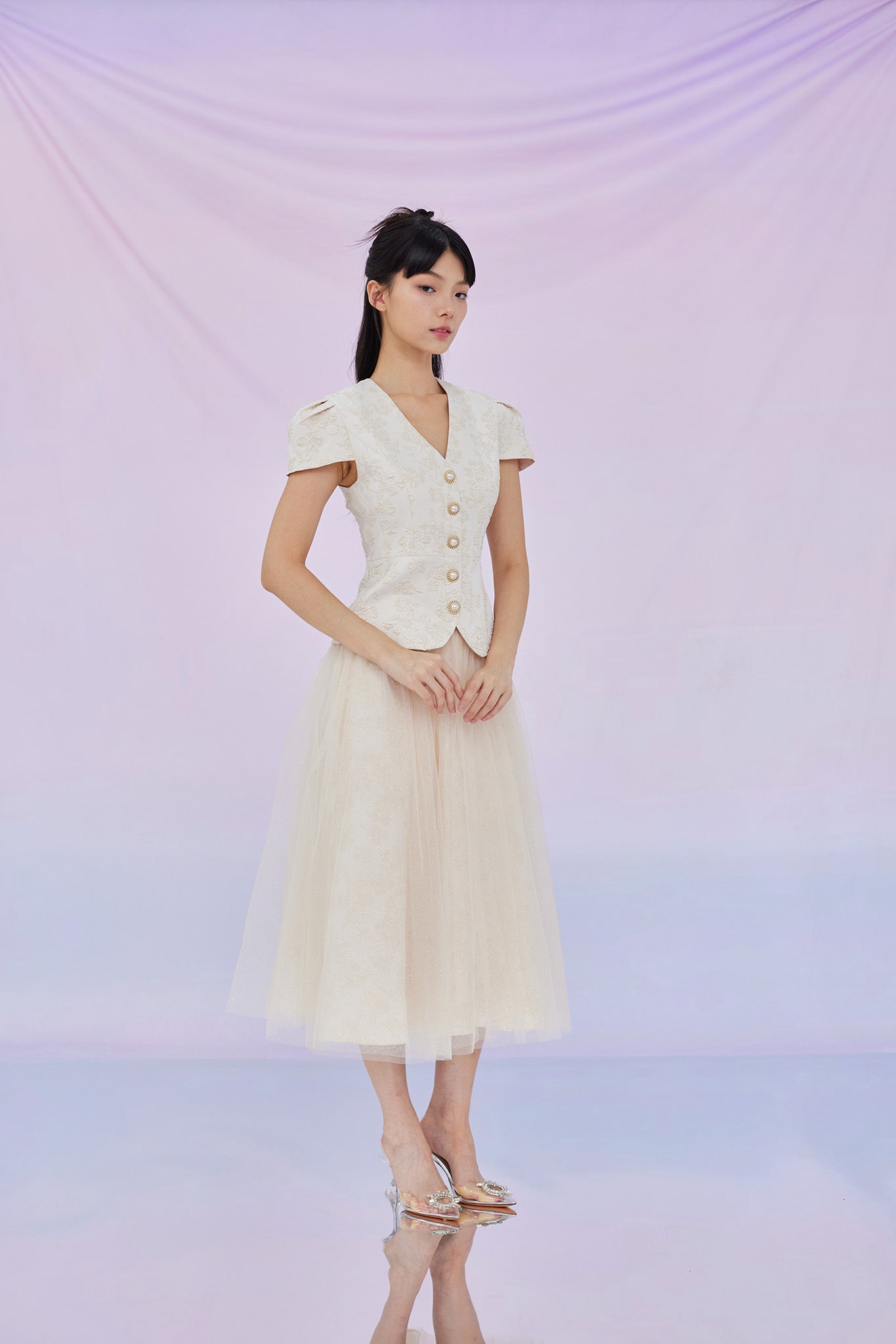 Genna Beige Mesh Midi Skirt