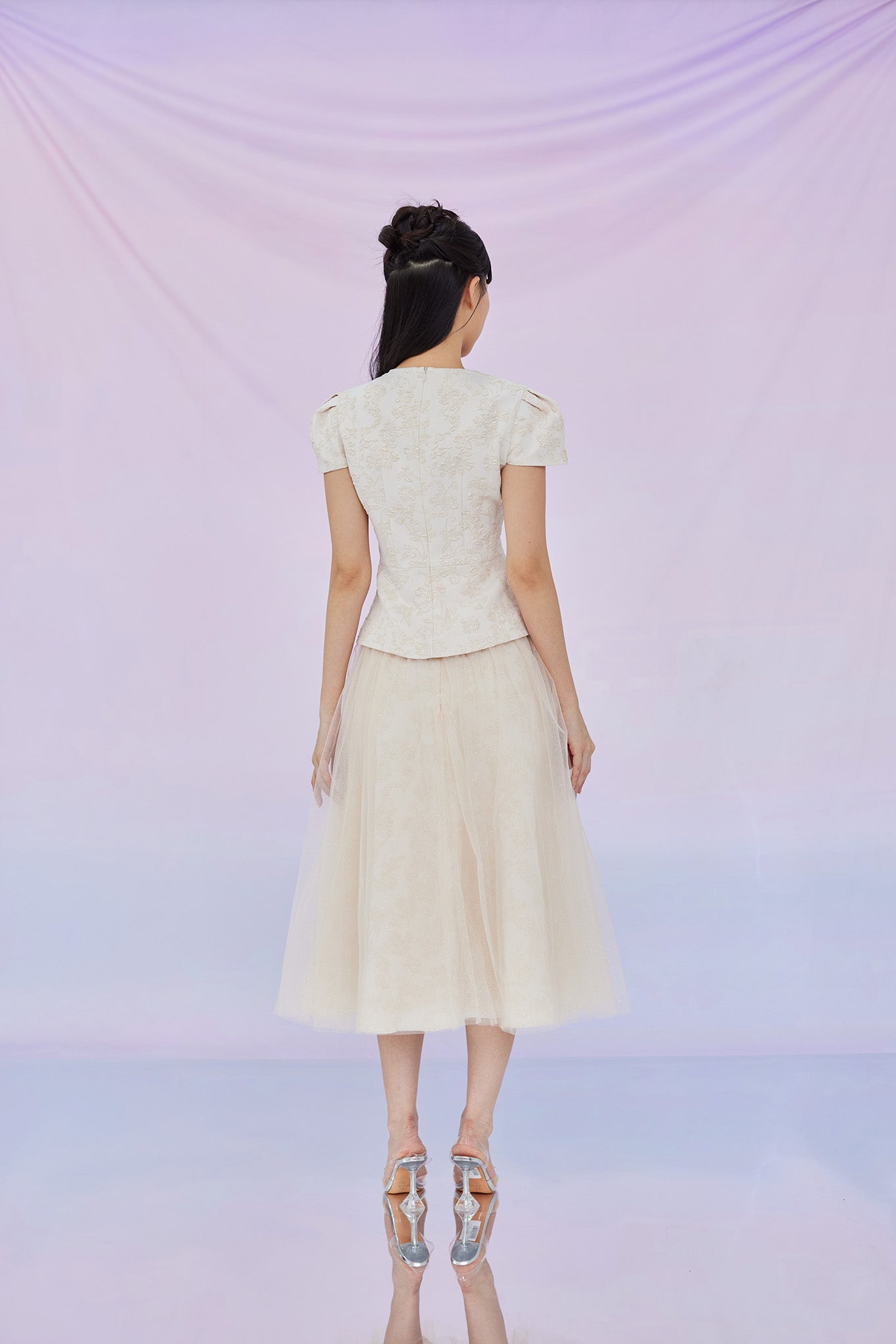 Genna Beige Mesh Midi Skirt