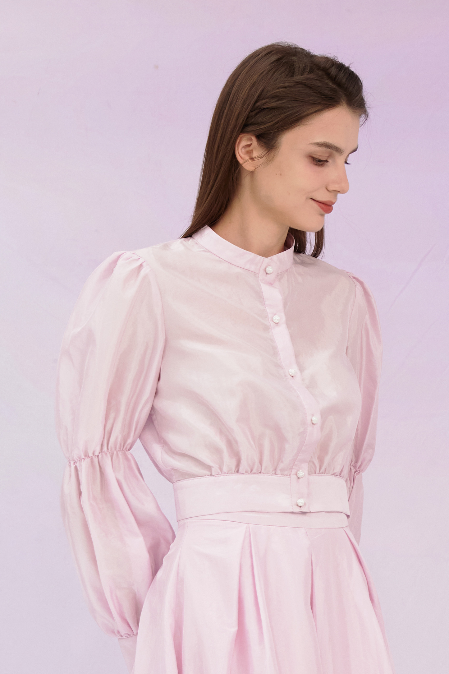 Gracia Pink High Collar Long Sleeve Top
