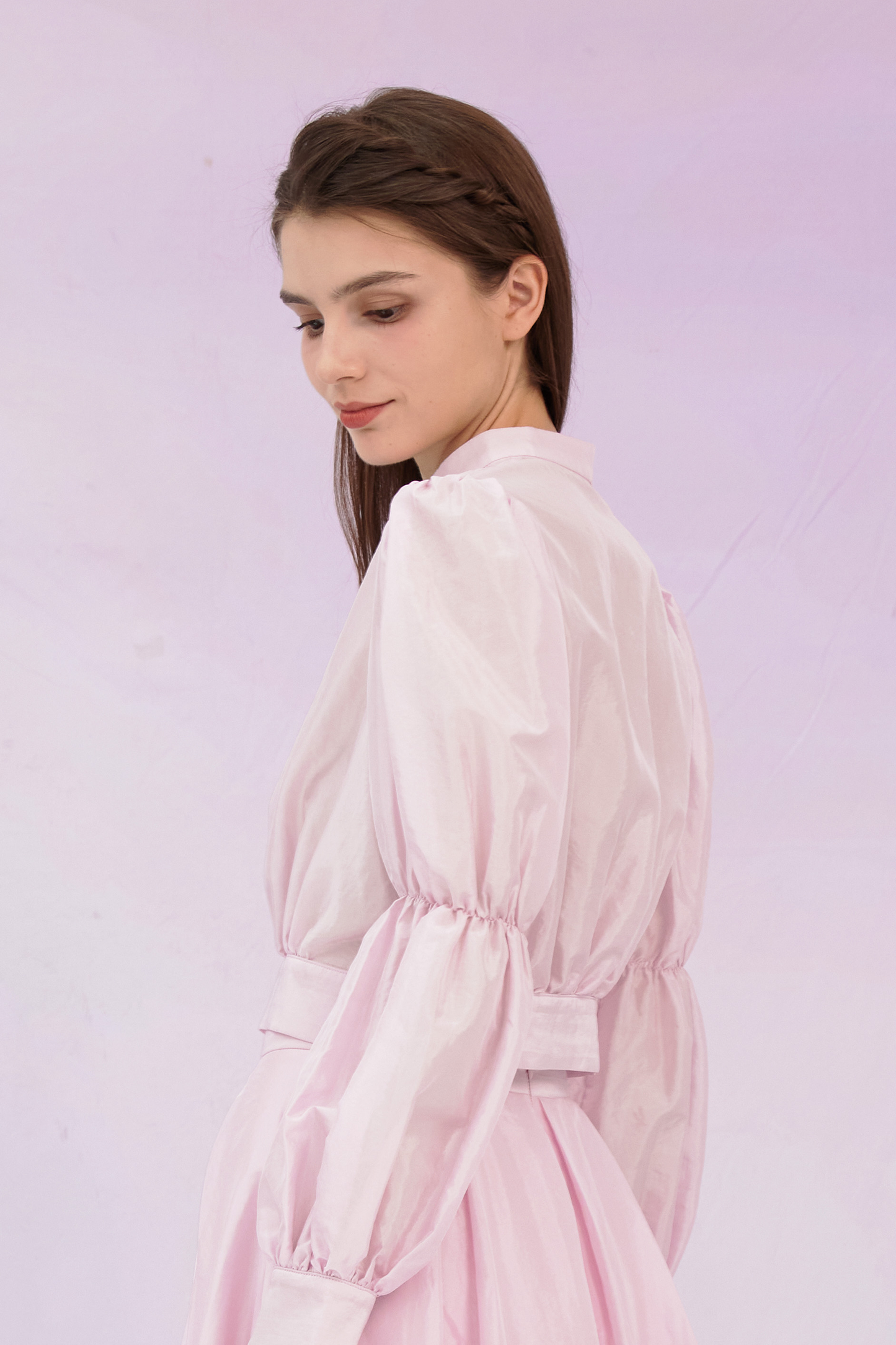 Gracia Pink High Collar Long Sleeve Top