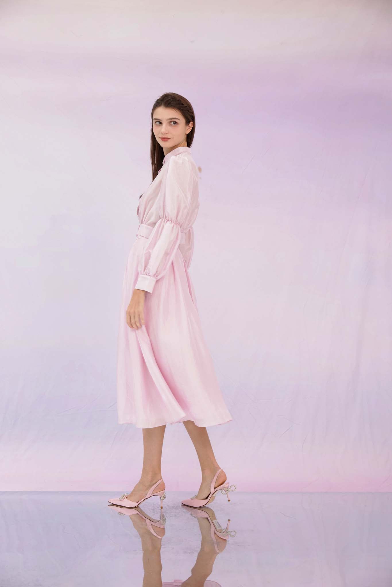 Gracia Pink High Collar Long Sleeve Top