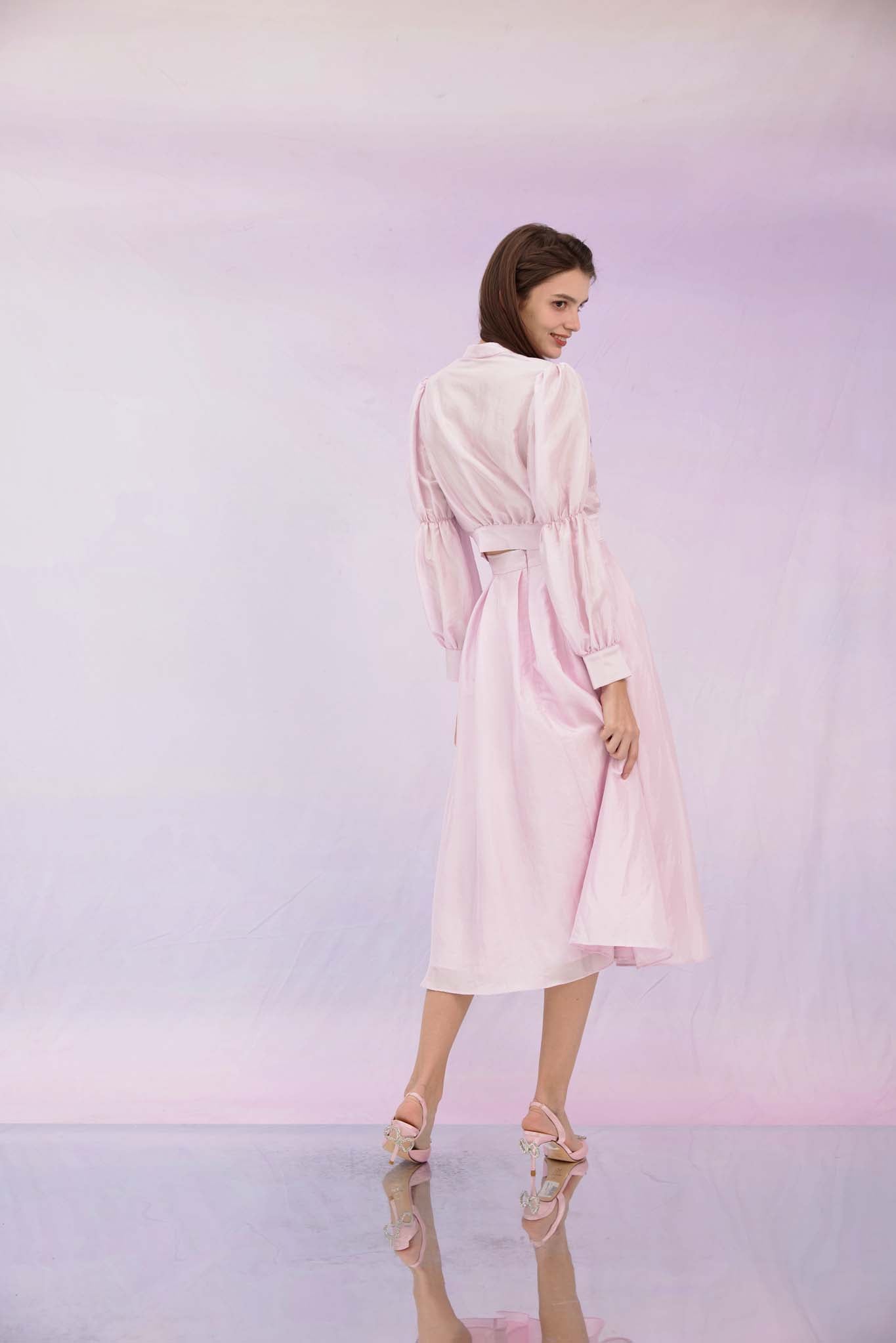 Gracia Pink High Collar Long Sleeve Top